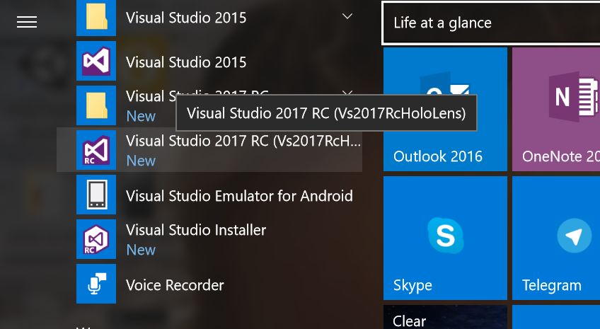 vs2017nickname-hololens-start-menu
