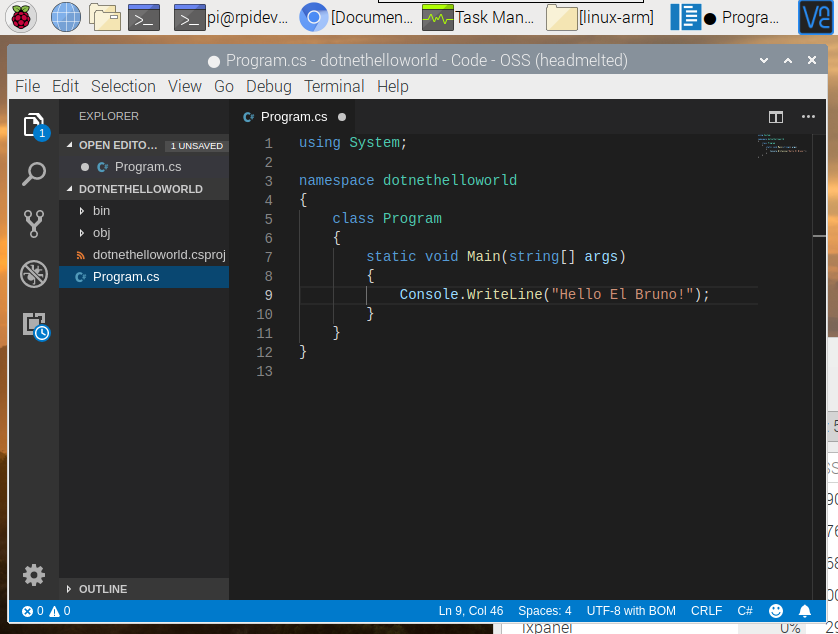 raspberry pi 4 .net core 2.2 console app edit in Visual Studio Code