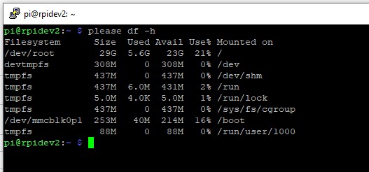 raspbery pi 4 using please instead of sudo display disk information