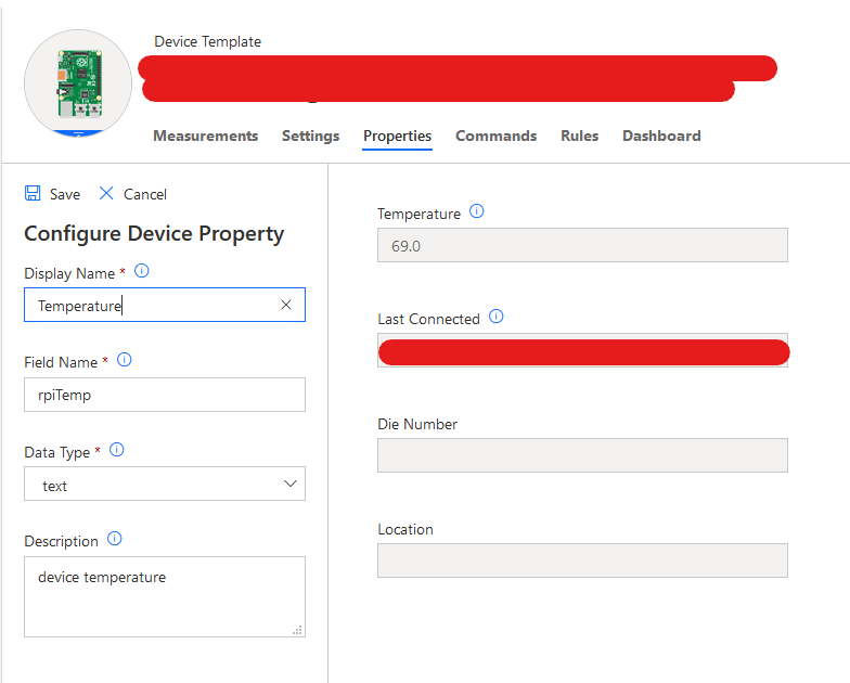 azure iot device template for raspberry pi with the temperature as device property