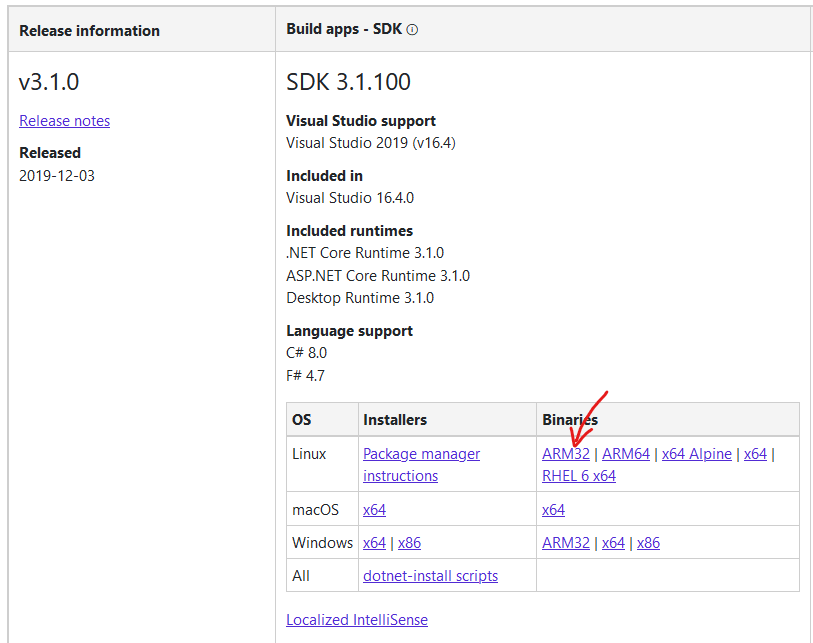 download arm32 version of net core 3.1
