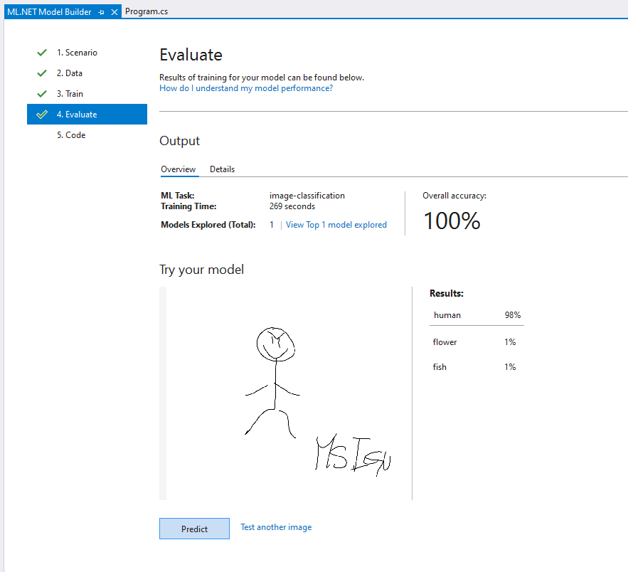 model builder model trained test image