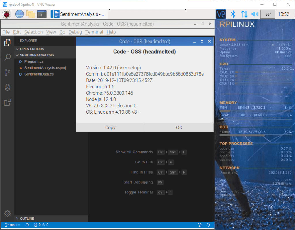 raspberry pi 4 visual studio code version 1.42 running fine