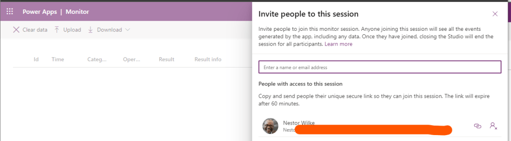 power apps monitors invite external user to monitor session