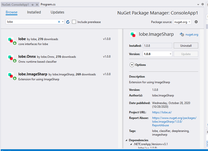 lobe 100 install nuget packages
