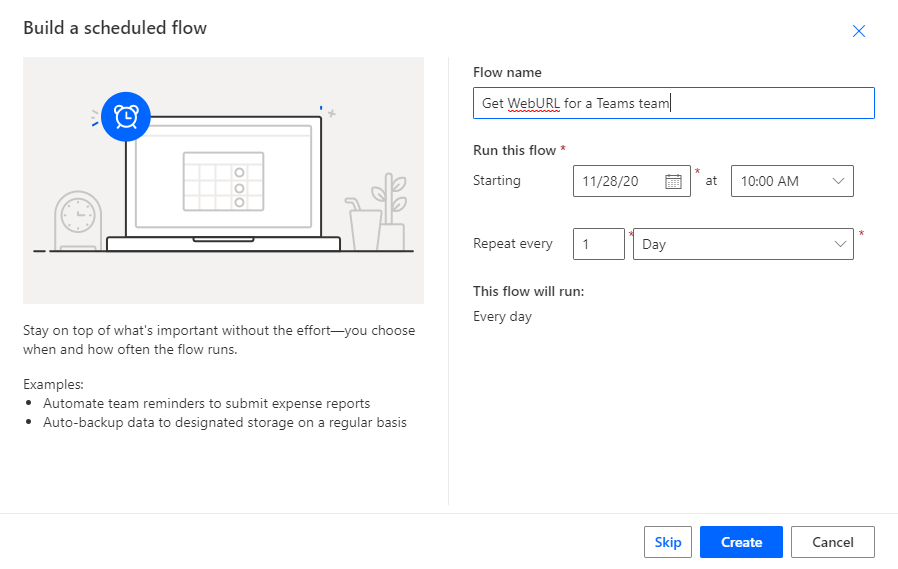 Power Automate > Create new > Scheduled from blank.