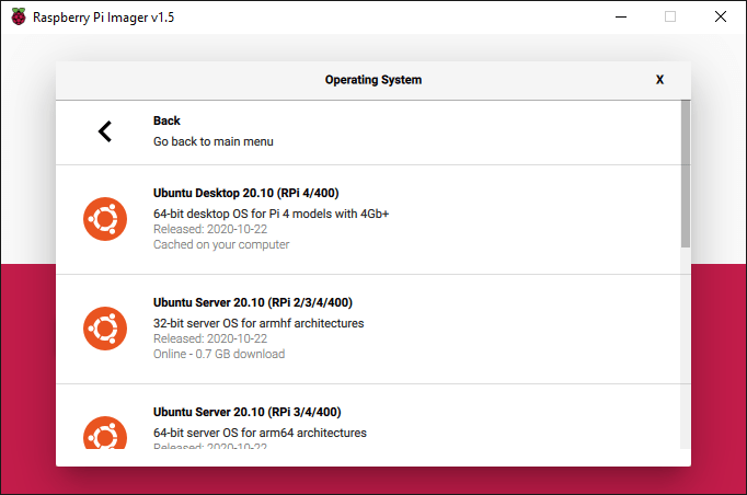 raspberry pi imager with ubuntu versions