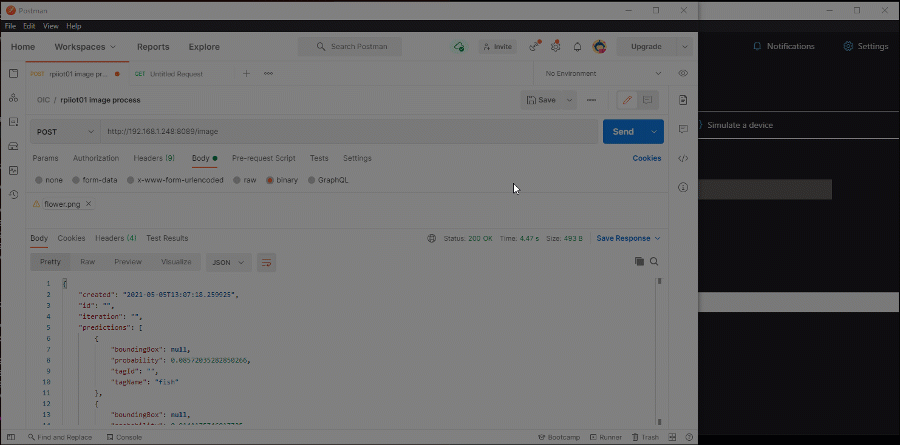 The sample running show how for each image analyzed (sent using Postman) a new message is triggered to Azure IoT.