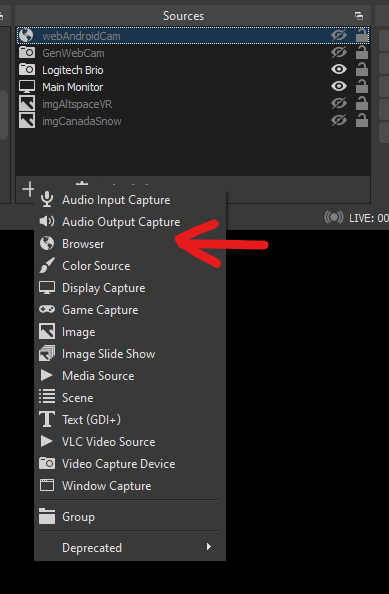 add new browser source to OBS Scene