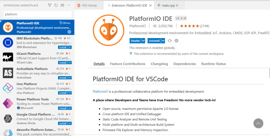install platformio IDE code extension