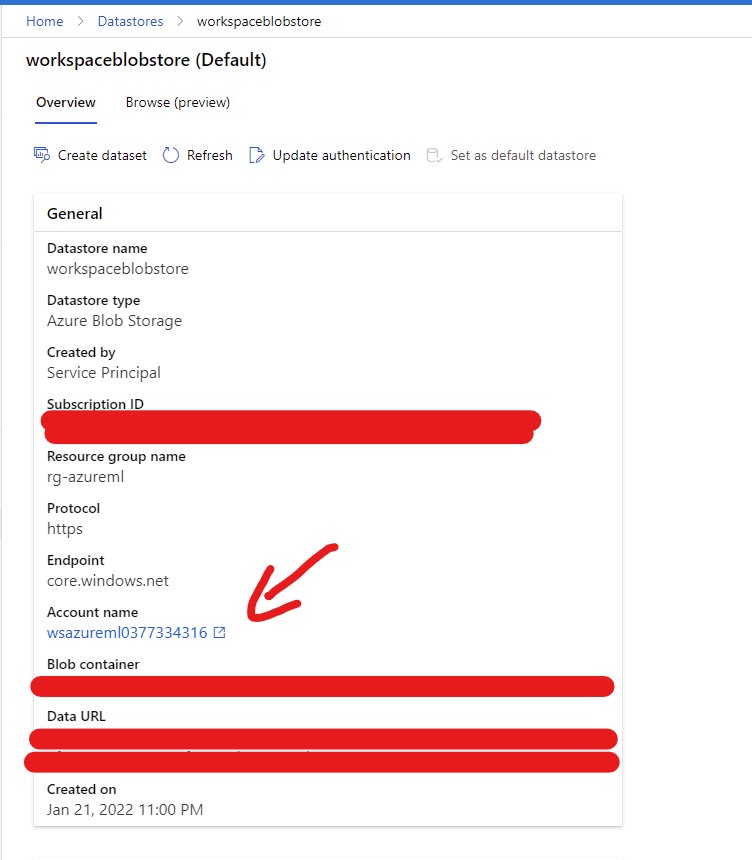open the storage account name from datastore