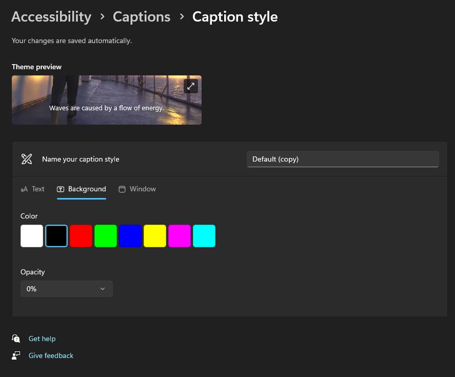Live Captions Background opacity at 0 percent