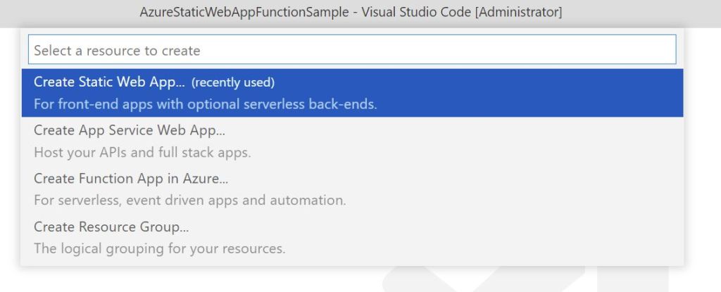 create a new static web app in vs code