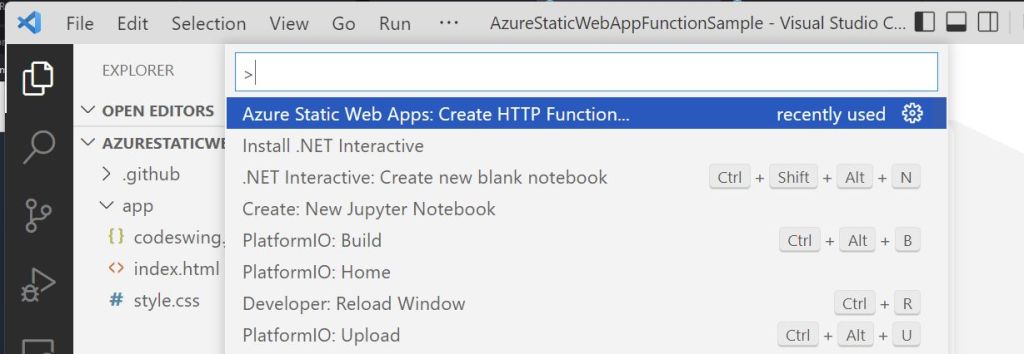 vscode command to add an http function