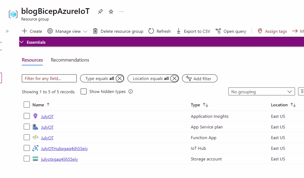 All resources created in my resource group using Bicep.
