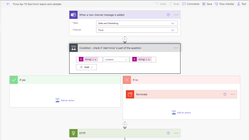 My final idea is to use a trigger from Teams, then validate that the message body contains the words 'start trivia' and, if the condition is not matched, stop the flow