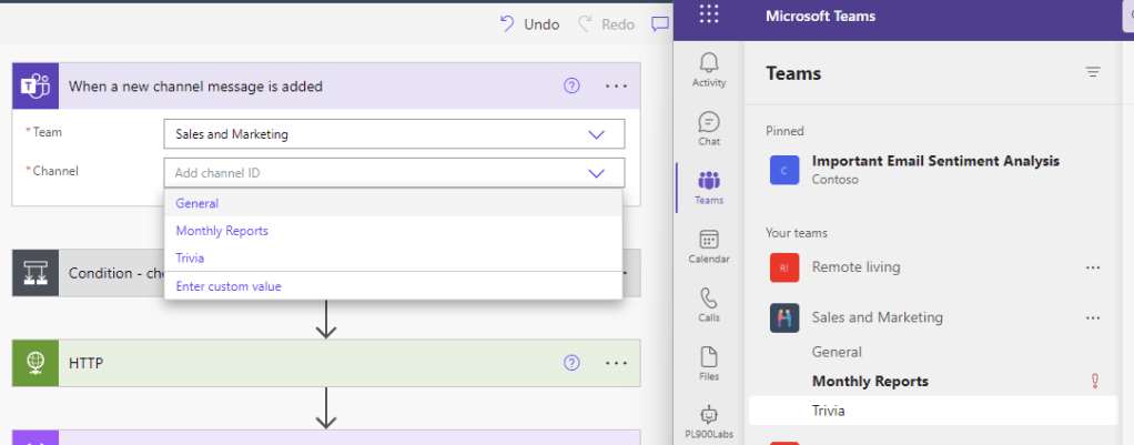 selecting team and channel in the trigger