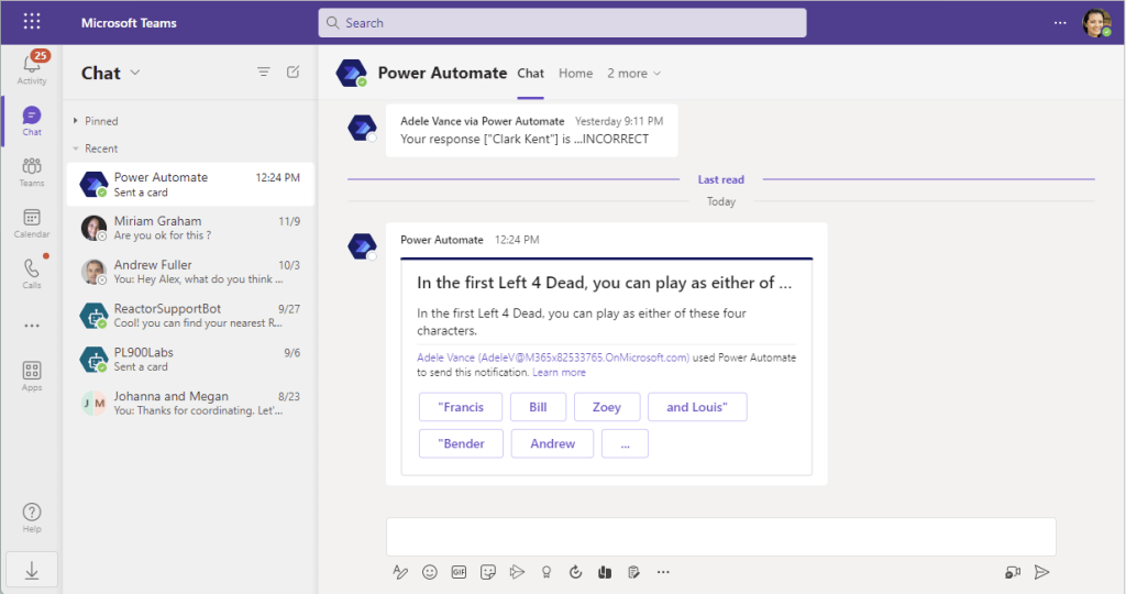 trivia question sample in teams