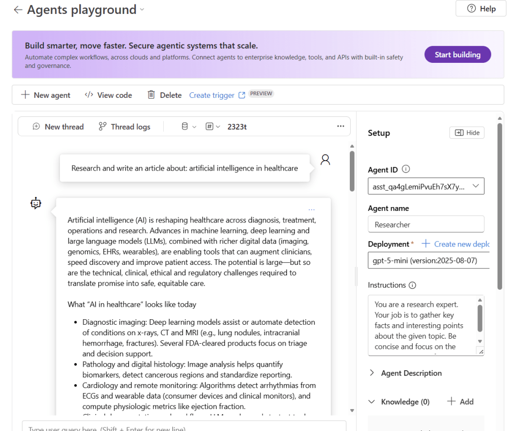 Screenshot showing the Agent playground with the conversation thread for the "Researcher" agent, displaying the research query and response about AI in healthcare