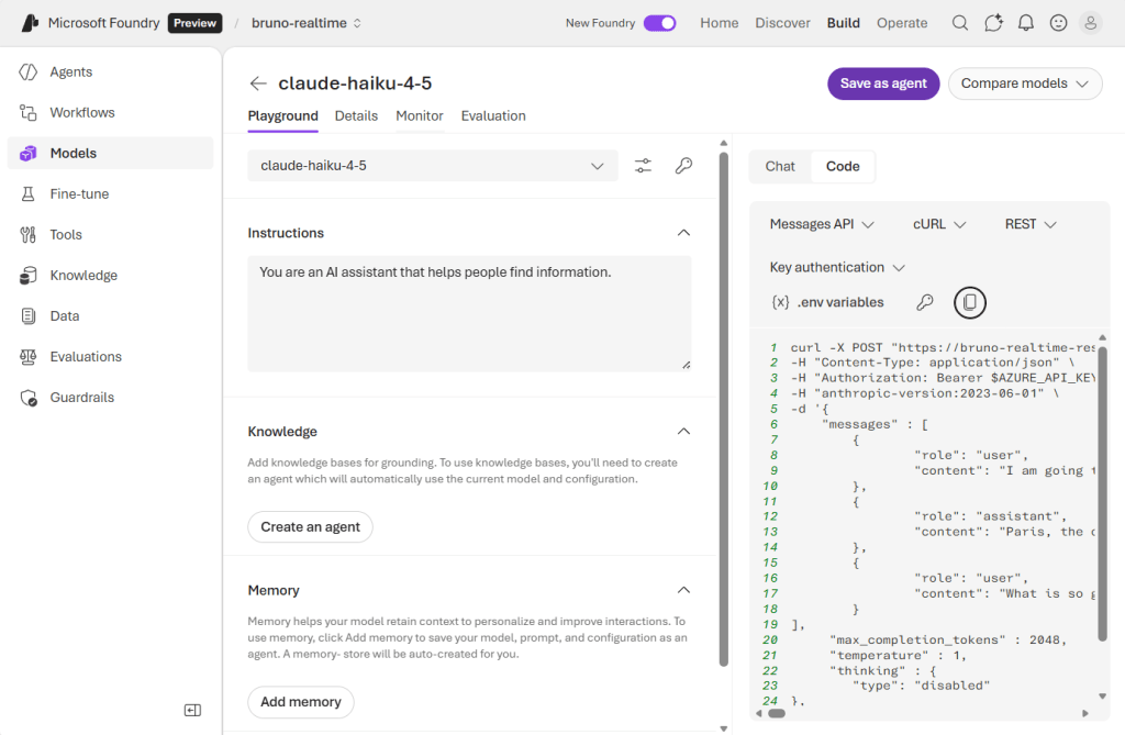  Example of a Claude model (claude-haiku-4-5) deployed in Azure Foundry