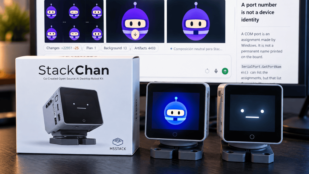Two StackChan robots beside their retail box. One screen shows a colorful .NET Bot face and the other a simple neutral face.