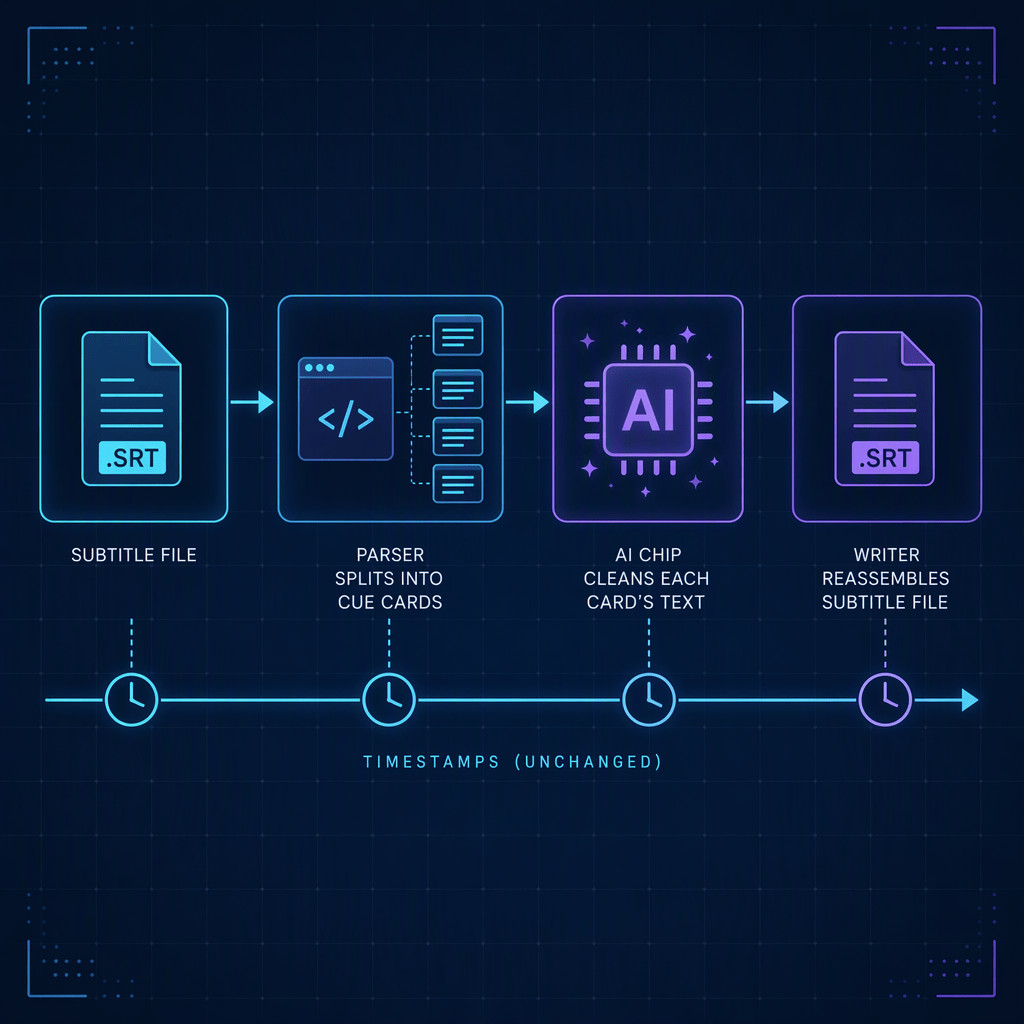 Flow: subtitle file, parser, text cleanup and writer, with timestamps passing through unchanged